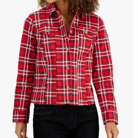 NWT 79.50 Macys Charter Club Red Tartan Plaid Denim Jacket size Small - Picture 2 of 9